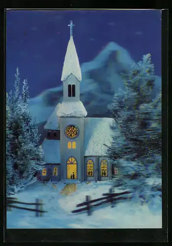 3D-AK Kapelle in Winterlandschaft bei Nacht