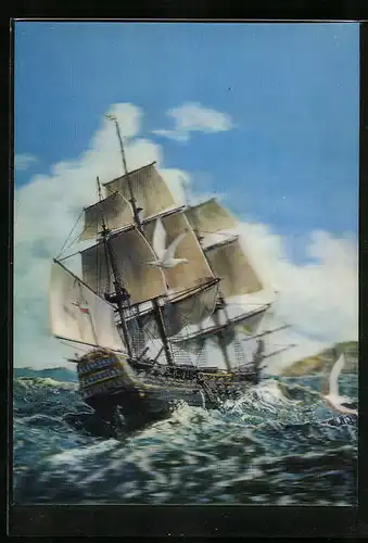 3D-AK Segelschiff auf Wellen mit Möwen