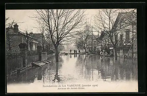 AK La Varenne, Inondations 1910, Avenue de Saint-Maur