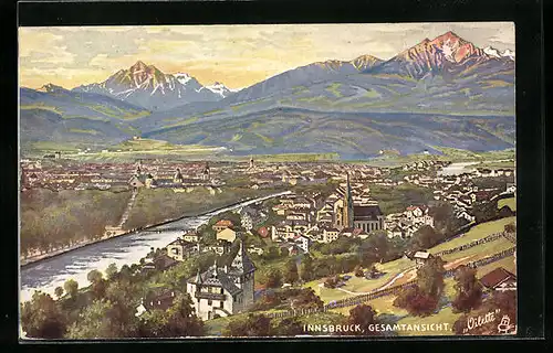 Präge-Künstler-AK Innsbruck, Ansicht des Ortes aus der Vogelschau