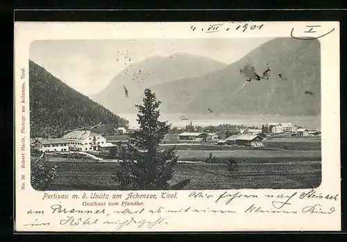 AK Pertisau, Ortsansicht mit dem Unütz am Achensee