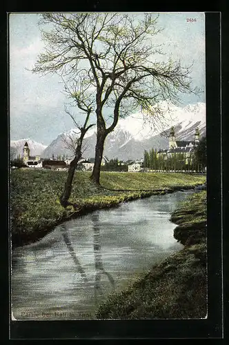 AK Hall, Blick auf Fluss mit Burg in der Ferne