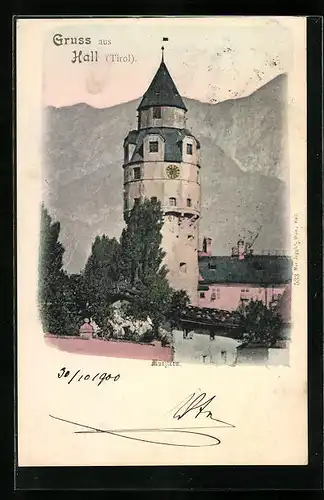 AK Hall, Münzturm vor Gebirge