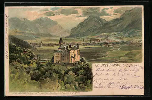 Lithographie Amras, Schloss mit Tal-Panorama