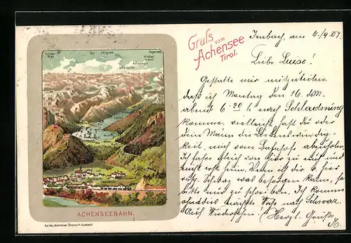 Lithographie Jenbach, Panorama mit Ort und Achensee