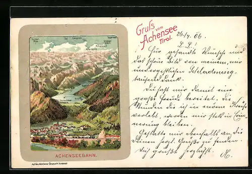Lithographie Jenbach, Ortsansicht mit Achensee und Alpen