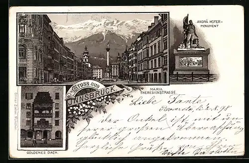 Lithographie Innsbruck, Goldenes Dach, Andrä Hofer-Monument