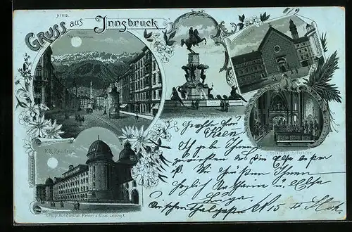 Mondschein-Lithographie Innsbruck, Maria Theresienstrasse, Hofkirche, K. K. Residenz