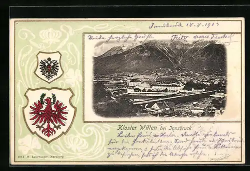 AK Wilten b. Innsbruck, Blick auf das Kloster, Wappen