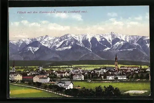 AK Villach, Ortsansicht mit den Karawanken