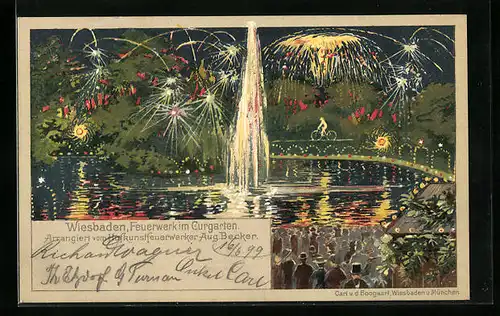 Lithographie Wiesbaden, Feuerwerk von Aug. Becker im Curgarten