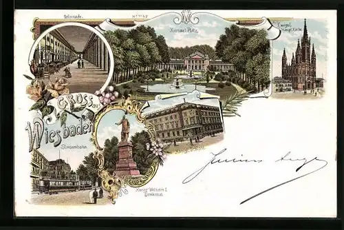 Lithographie Wiesbaden, Kaiser Wilhelm Denkmal, Kursaal Platz, Evangel. Hauptkirche
