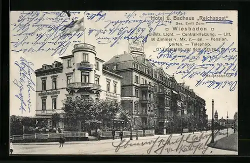 AK Wiesbaden, Hotel u. Badehaus Reichspost Bes. Emil Zorn