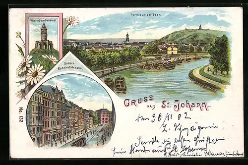Lithographie Saarbrücken-St. Johann, Winterberg-Denkmal, Partie an der Baar, Bahnhofstrasse