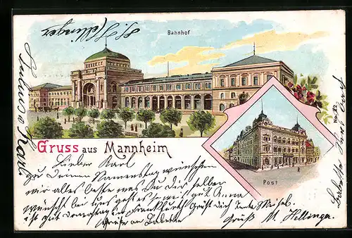 Lithographie Mannheim, Ansicht Bahnhof und Post