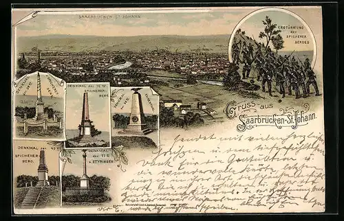 Lithographie Saarbrücken-St. Johann, Spicherer Berg mit Denkmälern