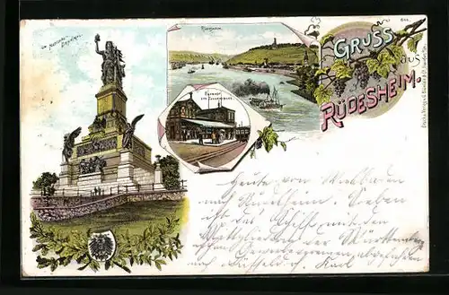 Lithographie Rüdesheim, National-Denkmal, Bahnhof der Zahnradbahn