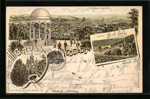 Lithographie Wiesbaden, Blick vom Neroberg, Griechische Kapelle, Nerothal