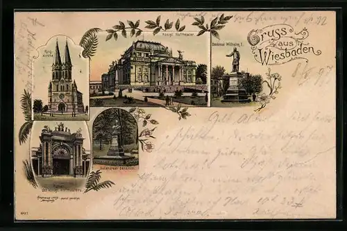 Lithographie Wiesbaden, Ring-Kirche, Königl. Hoftheater, Bodenstedt-Denkmal