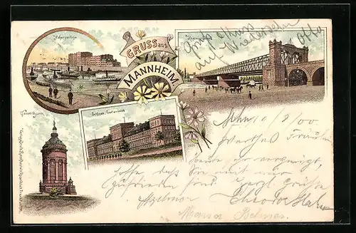 Lithographie Mannheim, Rheinbrücke, Hafenpartie, Wasserthurm