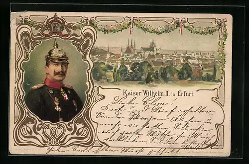 Lithographie Erfurt, Ortsansicht und Portrait von Kaiser Wilhelm dem 2.