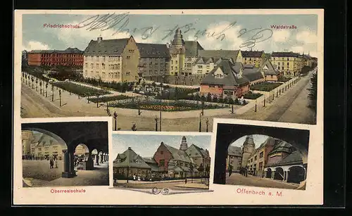 AK Offenbach, Strassenpartie mit Blick auf Friedrichschule und Waldstrasse, Oberrealschule