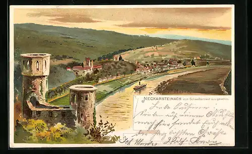 Lithographie Neckarsteinach, Blick vom Schwalbennest auf Burg an Flussbiegung