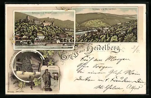 Lithographie Heidelberg, Schloss v. d. Hirschgasse, Schloss v. d. Molkenkur, Perkeo
