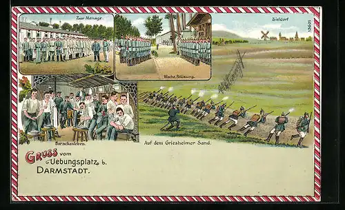 Lithographie Darmstadt, Übungsplatz des Militärs, Barackenleben und Training