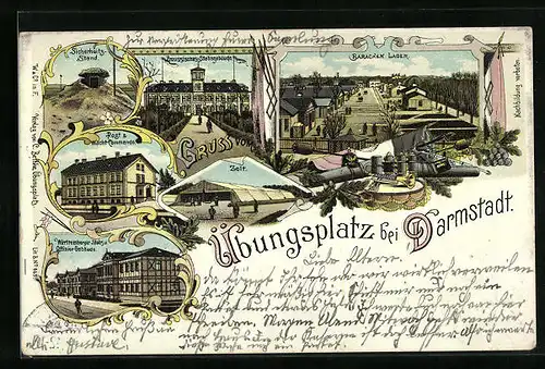 Lithographie Darmstadt, militärischer Übungsplatz, Preussisches Stabsgebäude, Post u. Wacht-Commando