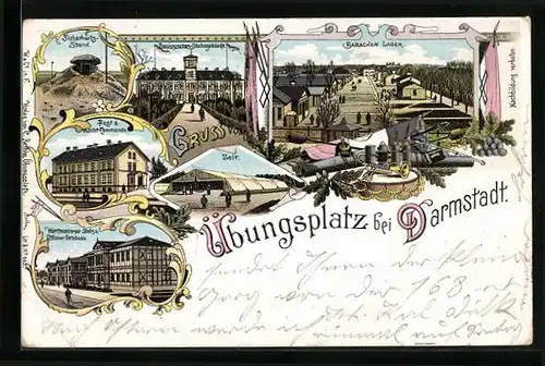 Lithographie Darmstadt, Sicherheits-Stand, Baracken-Lager, Württemberger Stabs- und Offizier-Gebäude