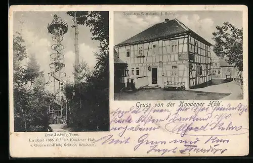 AK Bensheim, Ernst-Ludwig-Turm und Touristen-Wirtshaus J. Reinig auf der Knodener Höh