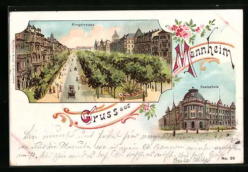 Lithographie Mannheim, Blick in die Ringstrasse und Realschule