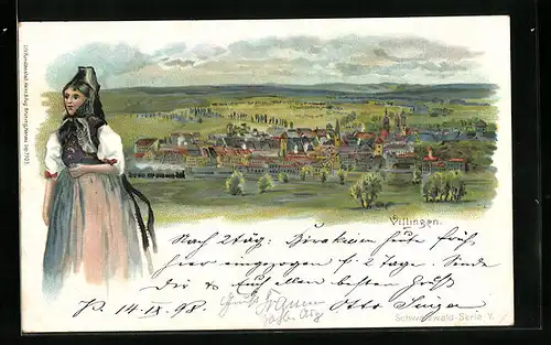Lithographie Villingen, Mädchen in Tracht vor Ortsbild