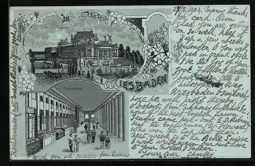 Mondschein-Lithographie Wiesbaden, Ansicht Neues Theater und Colonnaden