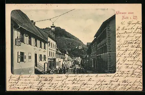 AK Zell i. W., Strassenpartie mit Kirche auf Anhöhe