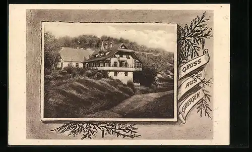 AK Gresgen, Ansicht Gasthaus mit Terrasse