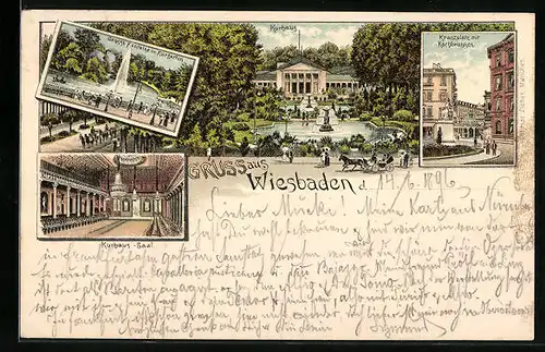 Lithographie Wiesbaden, Kranzplatz mit Kochbrunnen, Grosse Fontäne im Kurgarten, Kurhaus
