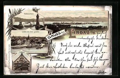 Lithographie Lindau, Ansicht vom See, Hafeneinfahrt und Rathaus