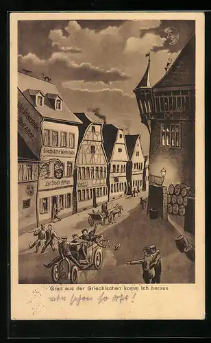 Künstler-AK Neckargemünd, Griechische Weinstube Zur Stadt Athen aus der Sicht eines Betrunkenen