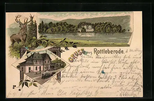 Lithographie Rottleberode, Blick auf den See und Bahnhof