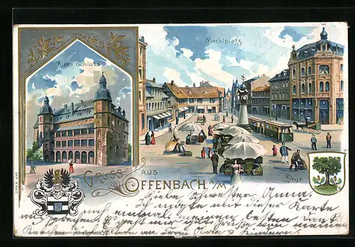 Lithographie Offenbach /Main, Altes Schloss und Marktplatz mit Ständen