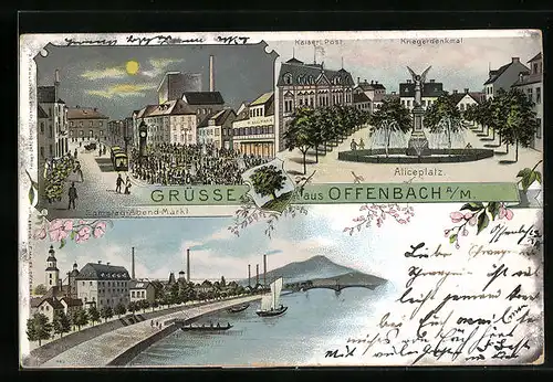 Lithographie Offenbach /Main, Kriegerdenkmal am Aliceplatz und Samstag-Abend-Markt