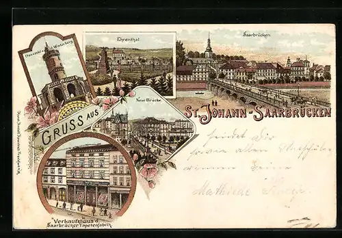 Lithographie Saarbrücken-St. Johann, Ehrenthal, Neue Brücke und Verkaufshaus der Saarbrücker Tapetenfabrik