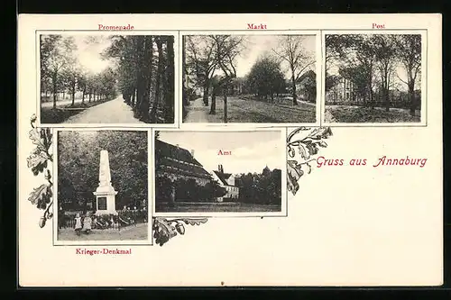 AK Annaburg, Teilansichten Amtsgebäude, Krieger-Denkmal und Markt