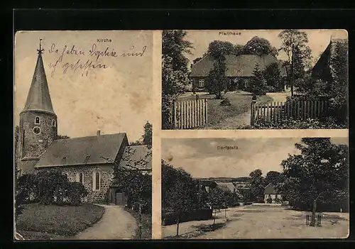 AK Neukirchen /Holst. Schweiz, Teilansichten Kirche, Dorfplatz und Pfarrhaus