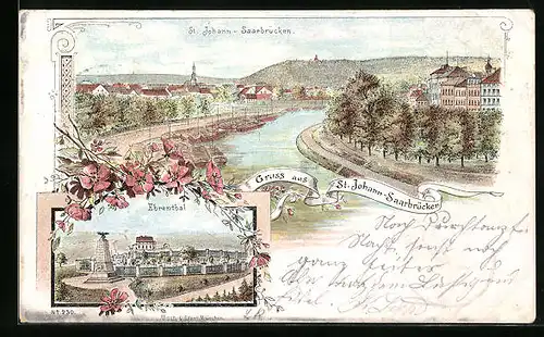 Lithographie Saarbrücken-St. Johann, Ehrenthal und Flusspartie durch die Stadt