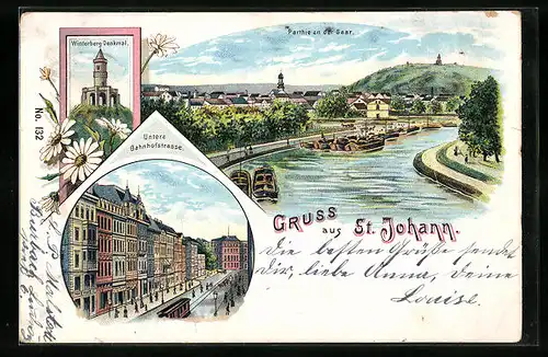 Lithographie Saarbrücken-St. Johann, Flusspartie und Untere Bahnhofstrasse