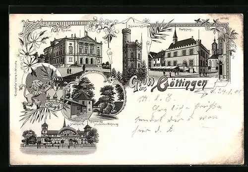 Lithographie Göttingen, Stadtpark, Bismarck`s Studentenwohnung und Bismarckthurm