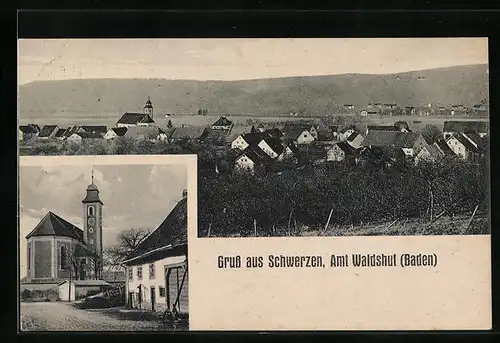 AK Schwerzen bei Waldshut /Baden, Ortsansicht aus der Vogelschau und Kirche